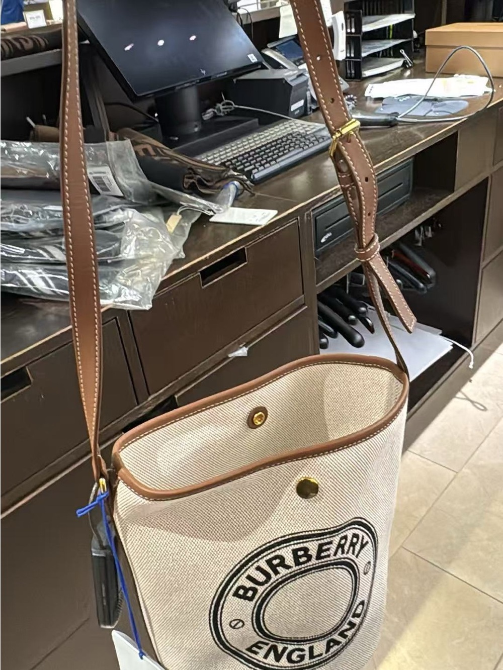 Burberry Canvas Messenger Bag in Beige with Brown Trim